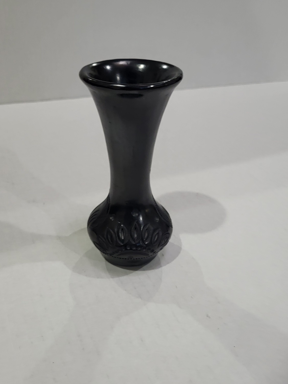 Small Carved Oaxaca Barro Negro, Handmade Black Clay Pottery Glossy Vase